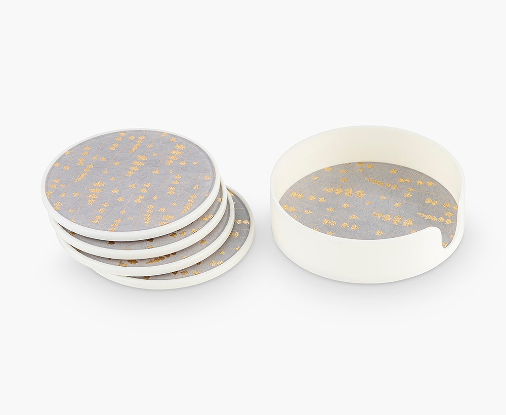Set of 4 White & Gold Coaster With Holder - 11x3 cm