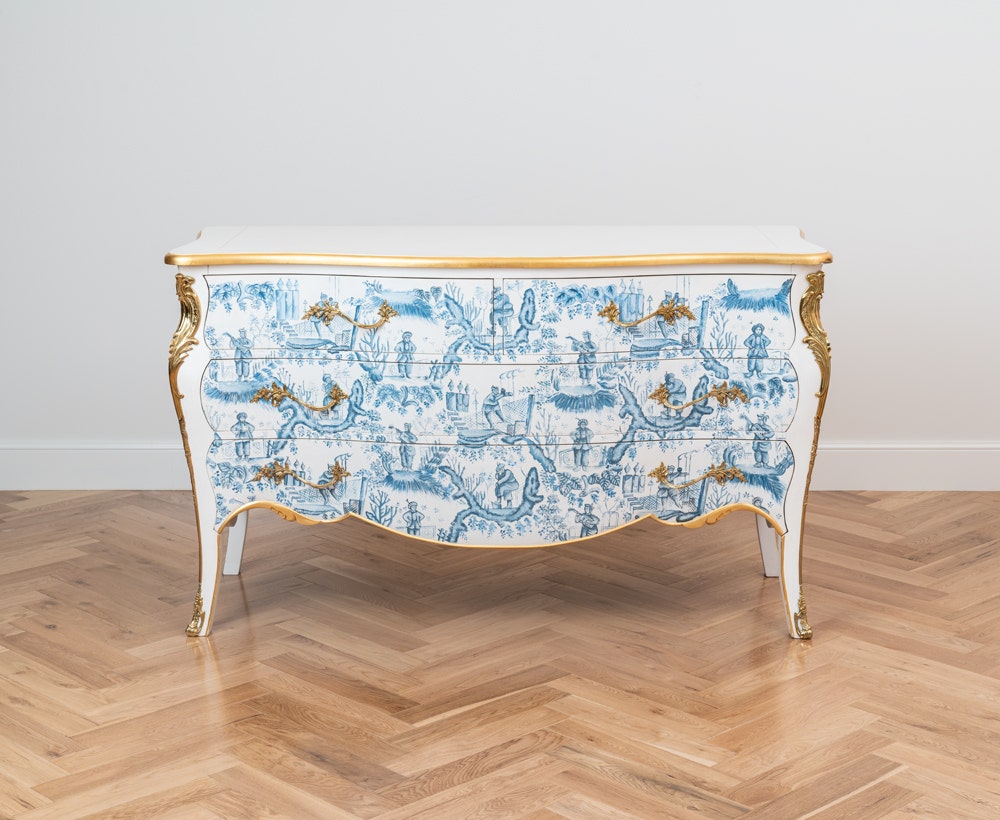 Blue and white shop chest of drawers