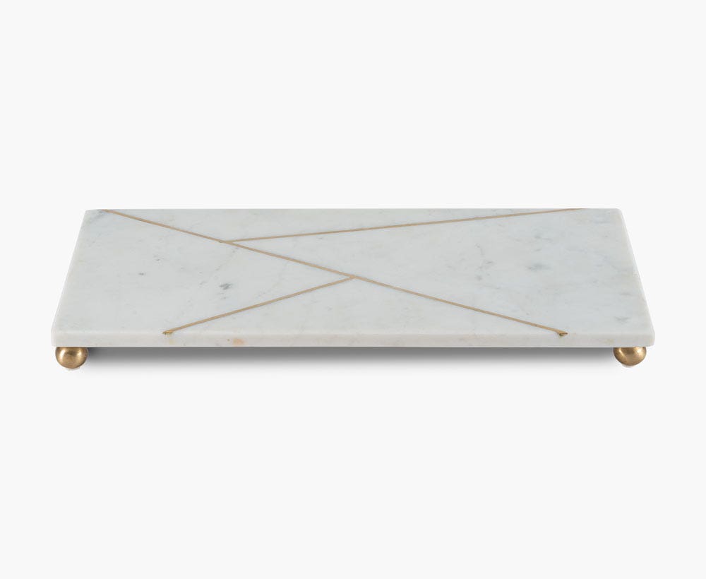 Footed Rectangle Tray With Inlay White-Gold Length 45.8Cm