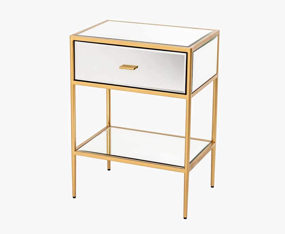 Neve Gold Night Stand with Gold Metal, MDF, and Silver Mirror, 49.5*35*67 cm