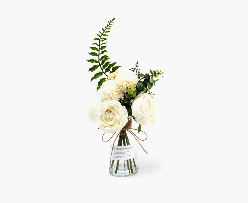 Rose WH/GRN Arrangement in Bottle H45cm