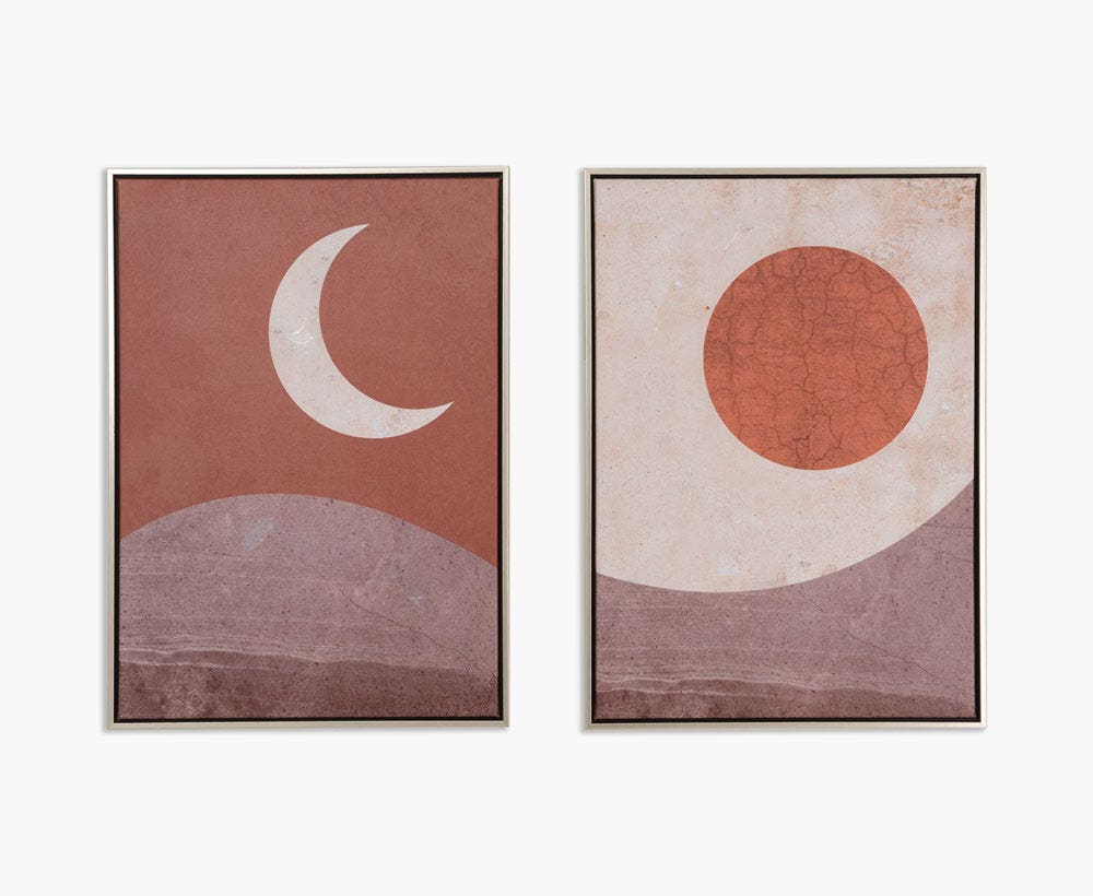 Set of 2 Moon/Sun Soft Canvas Art Multi-Colour 100X70Cm